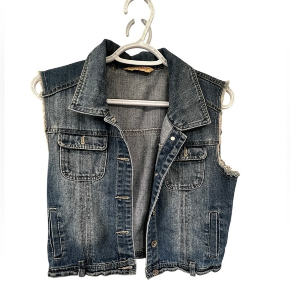 Highway Stylish Blue Denim Vest with Cream Color Embroidered Back